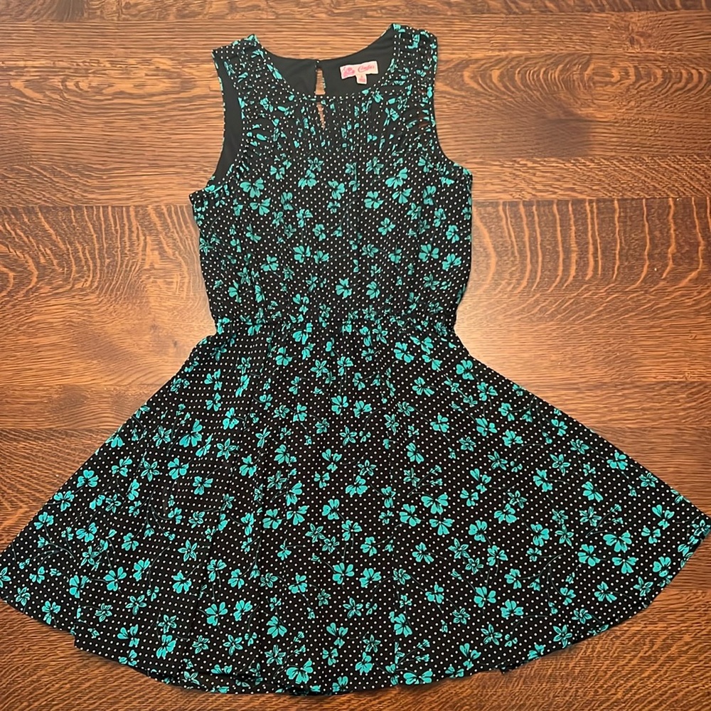 Candies Women’s Black Polka Dot with Green Floral Dress In Size Small